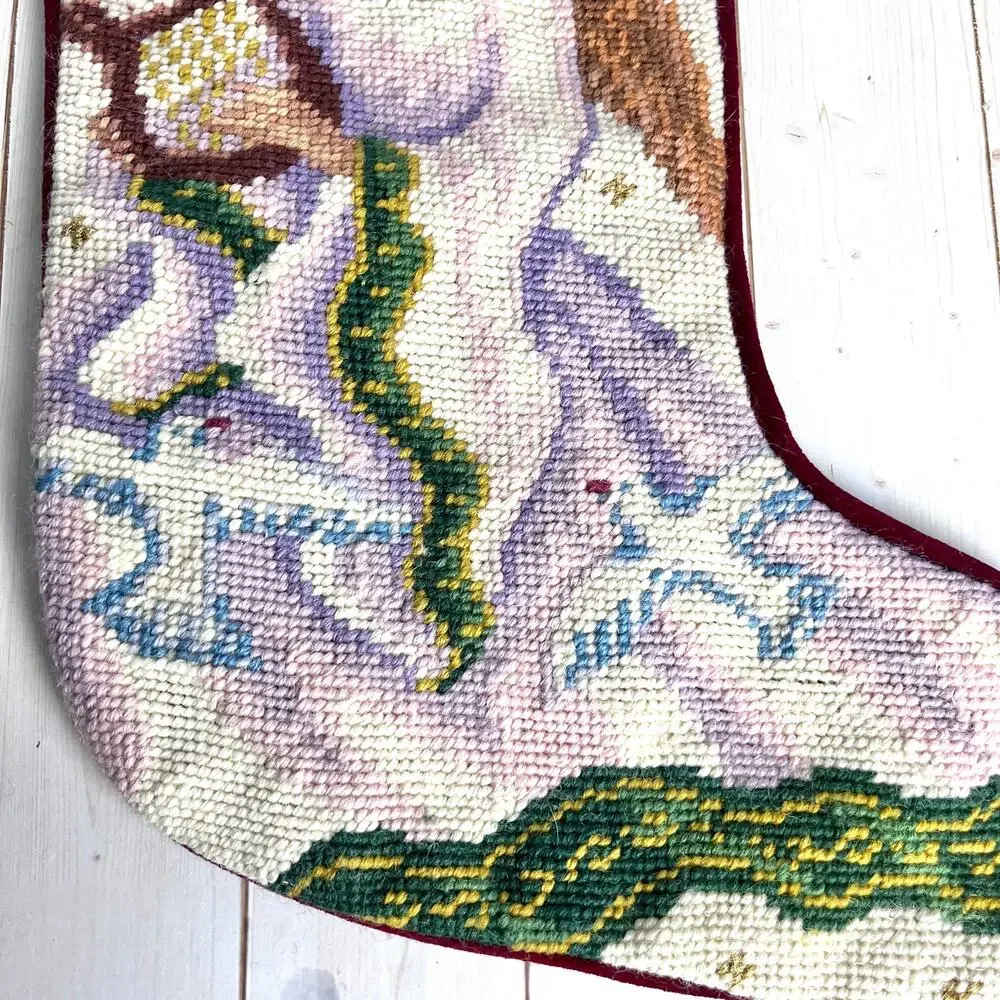 Vintage Wool Needlepoint Angel Doves Christmas Stocking Velvety Back 1990s